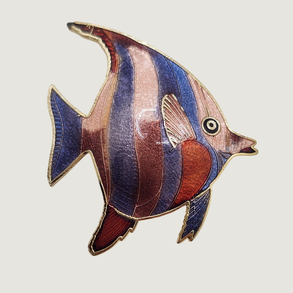 Vintage Enamel Tropical Angelfish Brooch Cloisonne Red Striped Fish Coastal
